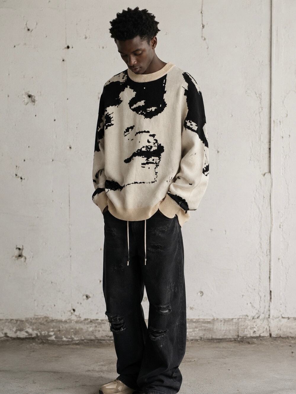 IH NOM UH NIT Abstract Face Oversized Knit Sweater Graphic Intarsia Pullover